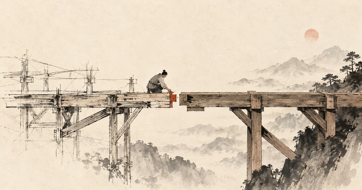 An ink-wash illustration of a craftsman kneeling at the exact joint where an unfinished, sketched scaffold meets a solid, finished wooden bridge over misty mountains.